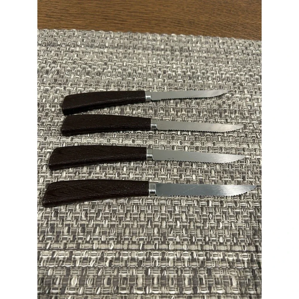 Vintage Quikut Stainless Steel Serrated Steak Knives Lot Of 5 Plastic Handles